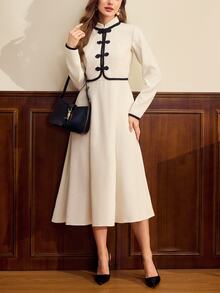 Vintamour Vintage Elegant Women's Two Pieces Set Contrast Color Frog Button New Chinese Style Cropped Jacket Dress Autumn Fall Winter Elegant Dresses For Women - White - View 6