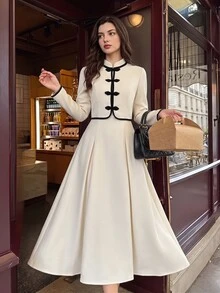 Vintamour Vintage Elegant Women's Two Pieces Set Contrast Color Frog Button New Chinese Style Cropped Jacket Dress Autumn Fall Winter Elegant Dresses For Women - White - View 3