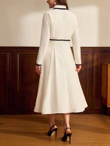 Vintamour Vintage Elegant Women's Two Pieces Set Contrast Color Frog Button New Chinese Style Cropped Jacket Dress Autumn Fall Winter Elegant Dresses For Women - White - View 7