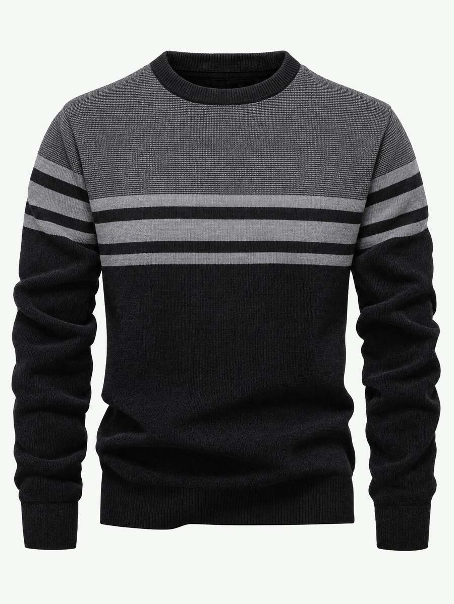 Manfinity CasualKnits Sweater Rajut Pullover Bergaris Pria Festivalv Anak Laki-laki Musim Gugur/Dingin Harian Baru, Sweater - Hitam - View 1