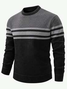 Manfinity CasualKnits Sweater Rajut Pullover Bergaris Pria Festivalv Anak Laki-laki Musim Gugur/Dingin Harian Baru, Sweater - Hitam - View 4