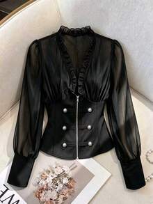 Franclia Women's Autumn Fashion Patchwork Shirt - Black - View 3