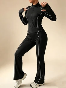 SHEIN Rhythm Era Damset i plus size med långärmad sweatshirt med dragkedja och utsvängda sportbyxor - Svart - Visa 1