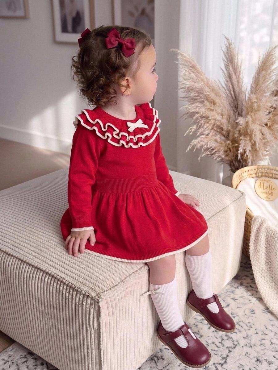 Large Layered Ruffle Collar With Small Bow, Vintage Festive Style, Perfect For First Birthday, Holiday Visits, And Photo Shoots. Delicate Knitted Fabric, Soft And Skin-Friendly, Good Elasticity, Comfortable For Babies Without Irritation. Waist-Flattering A-Line Skirt, Flattering Silhouette, Unrestricted Movement. Long Sleeve Design, Suitable For Spring And Autumn - Red - View 1