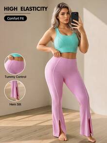 SHEIN Unity Plus Size Women's Solid Color Waist-Flattering Line Patchwork Loose Long Pants Sweatpants Gym Light Pink Summer Tropical Active Alternative - Pink - View 1