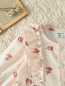 SHEIN Vintaside Kids Baby Girls Button Front Dress Elegant Pink Floral Print Ruffle Pleated Long Sleeve Round Neck Regular Birthday Party Autumn Holiday Ballet Ribbed Knit - White - View 5