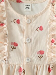 SHEIN Vintaside Kids Baby Girls Button Front Dress Elegant Pink Floral Print Ruffle Pleated Long Sleeve Round Neck Regular Birthday Party Autumn Holiday Ballet Ribbed Knit - White - View 7