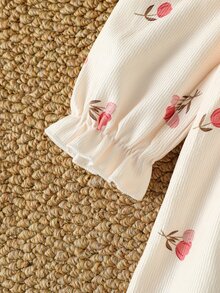 SHEIN Vintaside Kids Baby Girls Button Front Dress Elegant Pink Floral Print Ruffle Pleated Long Sleeve Round Neck Regular Birthday Party Autumn Holiday Ballet Ribbed Knit - White - View 6