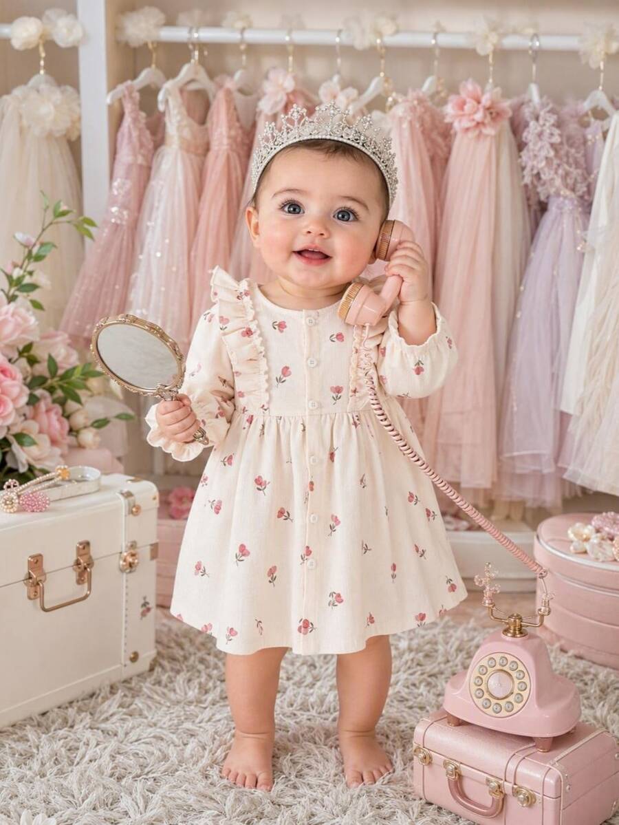 SHEIN Vintaside Kids Baby Girls Button Front Dress Elegant Pink Floral Print Ruffle Pleated Long Sleeve Round Neck Regular Birthday Party Autumn Holiday Ballet Ribbed Knit - White - View 1