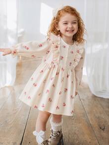SHEIN Vintaside Kids Baby Girls Button Front Dress Elegant Pink Floral Print Ruffle Pleated Long Sleeve Round Neck Regular Birthday Party Autumn Holiday Ballet Ribbed Knit - White - View 4