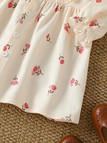 SHEIN Vintaside Kids Baby Girls Button Front Dress Elegant Pink Floral Print Ruffle Pleated Long Sleeve Round Neck Regular Birthday Party Autumn Holiday Ballet Ribbed Knit - White - View 8