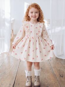 SHEIN Vintaside Kids Baby Girls Button Front Dress Elegant Pink Floral Print Ruffle Pleated Long Sleeve Round Neck Regular Birthday Party Autumn Holiday Ballet Ribbed Knit - White - View 9