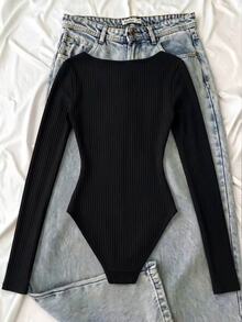 SHEIN LUNE Women's Autumn/Winter Casual Knit Ribbed Contrast Lace Trim Ruched Front Long Sleeve Slim Fit Bodysuit - Black - View 2