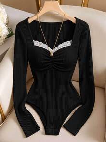 SHEIN LUNE Women's Autumn/Winter Casual Knit Ribbed Contrast Lace Trim Ruched Front Long Sleeve Slim Fit Bodysuit - Black - View 7