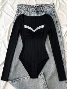 SHEIN LUNE Women's Autumn/Winter Casual Knit Ribbed Contrast Lace Trim Ruched Front Long Sleeve Slim Fit Bodysuit - Black - View 3
