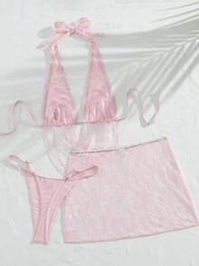 Swim SXY 女款歐美風性感大膽前衛音樂節派對休閒法式慵懶度假百搭對比色蕾絲布料串珠裝飾繫帶掛脖露背泳衣上衣搭配抓皺荷葉邊泳褲與蕾絲裙比基尼套裝 3 件組，適合春假、秋季返校、啤酒節、音樂節、假期、春季促銷、海灘度假、派對、泳裝、情人節、新年、返校、嘉年華、母親節、國際婦女節、家庭出遊、巴西六月節、春假、畢業季 - 粉色 - 查看 2