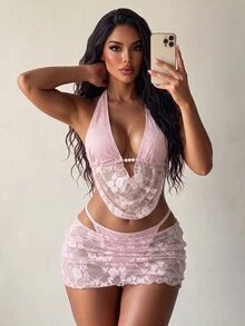 Swim SXY 女款歐美風性感大膽前衛音樂節派對休閒法式慵懶度假百搭對比色蕾絲布料串珠裝飾繫帶掛脖露背泳衣上衣搭配抓皺荷葉邊泳褲與蕾絲裙比基尼套裝 3 件組，適合春假、秋季返校、啤酒節、音樂節、假期、春季促銷、海灘度假、派對、泳裝、情人節、新年、返校、嘉年華、母親節、國際婦女節、家庭出遊、巴西六月節、春假、畢業季 - 粉色 - 查看 4