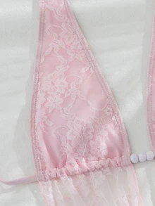 Swim SXY 女款歐美風性感大膽前衛音樂節派對休閒法式慵懶度假百搭對比色蕾絲布料串珠裝飾繫帶掛脖露背泳衣上衣搭配抓皺荷葉邊泳褲與蕾絲裙比基尼套裝 3 件組，適合春假、秋季返校、啤酒節、音樂節、假期、春季促銷、海灘度假、派對、泳裝、情人節、新年、返校、嘉年華、母親節、國際婦女節、家庭出遊、巴西六月節、春假、畢業季 - 粉色 - 查看 7