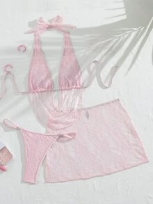 Swim SXY 女款歐美風性感大膽前衛音樂節派對休閒法式慵懶度假百搭對比色蕾絲布料串珠裝飾繫帶掛脖露背泳衣上衣搭配抓皺荷葉邊泳褲與蕾絲裙比基尼套裝 3 件組，適合春假、秋季返校、啤酒節、音樂節、假期、春季促銷、海灘度假、派對、泳裝、情人節、新年、返校、嘉年華、母親節、國際婦女節、家庭出遊、巴西六月節、春假、畢業季 - 粉色 - 查看 6