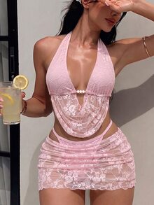 Swim SXY 女款歐美風性感大膽前衛音樂節派對休閒法式慵懶度假百搭對比色蕾絲布料串珠裝飾繫帶掛脖露背泳衣上衣搭配抓皺荷葉邊泳褲與蕾絲裙比基尼套裝 3 件組，適合春假、秋季返校、啤酒節、音樂節、假期、春季促銷、海灘度假、派對、泳裝、情人節、新年、返校、嘉年華、母親節、國際婦女節、家庭出遊、巴西六月節、春假、畢業季 - 粉色 - 查看 5