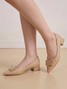 Eladyva Women's Buckle Detail Pointed Toe Chunky Heel Low Leather Nude Pumps For Commute - Apricot - View 8