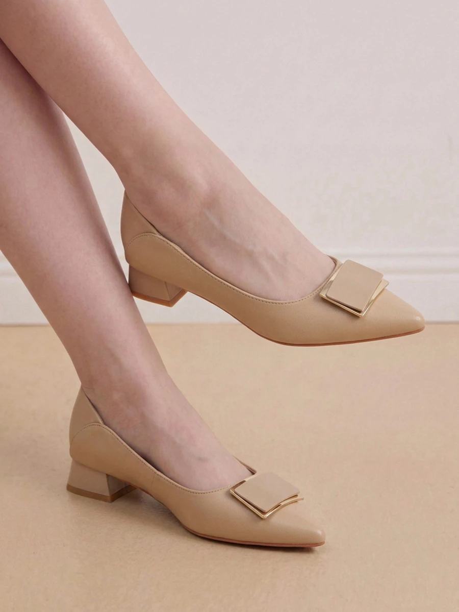 Eladyva Women's Buckle Detail Pointed Toe Chunky Heel Low Leather Nude Pumps For Commute