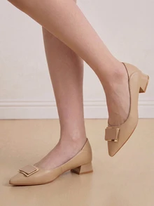 Eladyva Women's Buckle Detail Pointed Toe Chunky Heel Low Leather Nude Pumps For Commute - Apricot - View 4