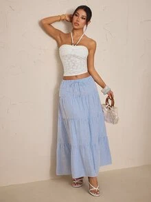 SHEIN PETITE 時尚藍色條紋寬鬆裙，適合嬌小女性，休閒且適合辦公場合 - 藍色 - 查看 3