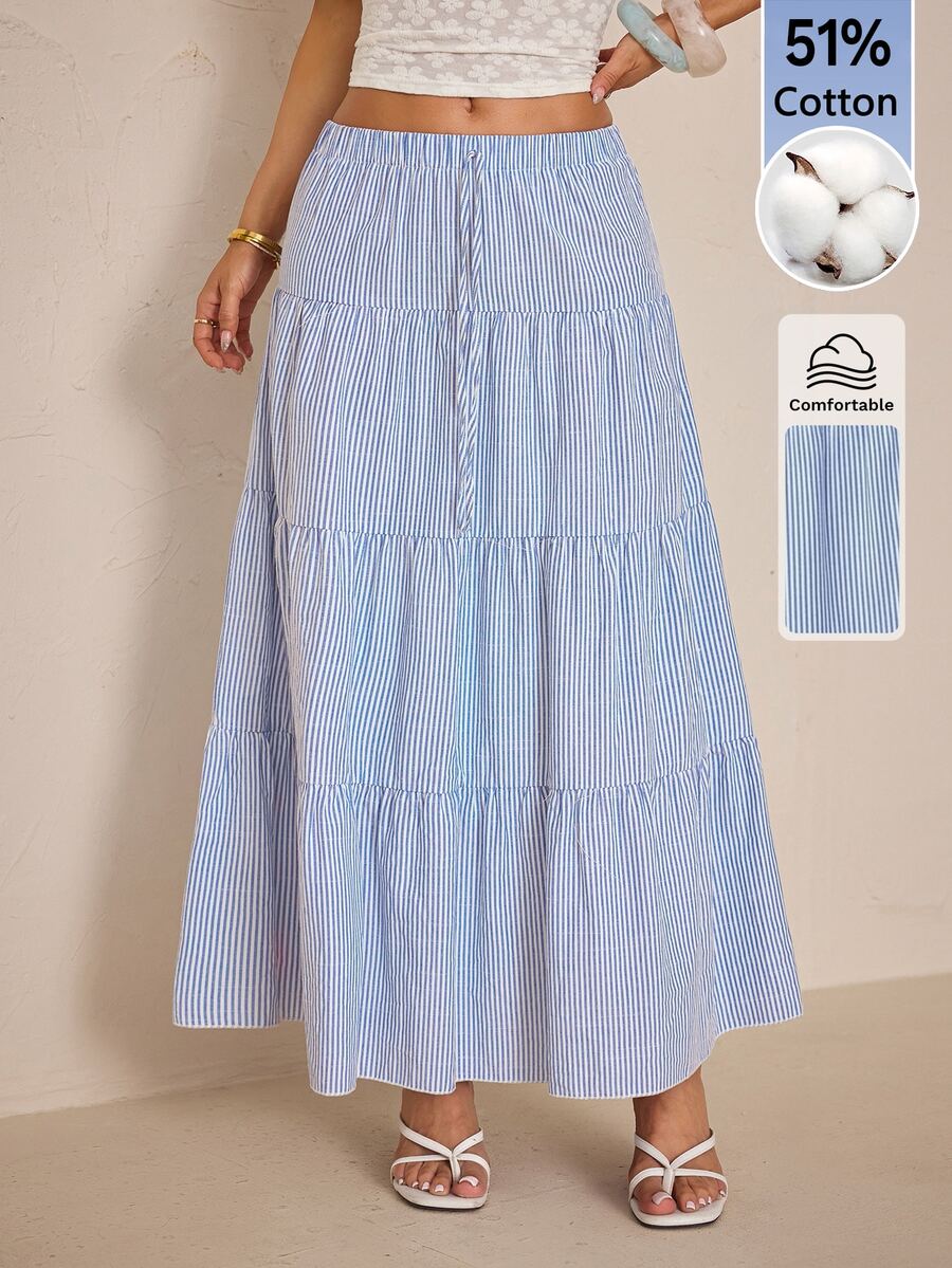 SHEIN PETITE Stylish Blue Striped Loose Skirt For Petite Women – Casual Yet Office-Appropriate. - Blue - View 1