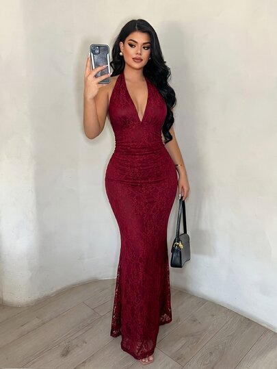 SHEIN SXY Burgundy Floral Lace Long Dress For Women Sleeveless Halter Neck Evening Gown Slim Fit Bodycon Style
