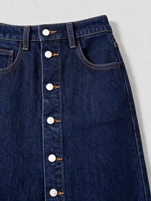 SHEIN MOD 女款秋季休閒 70年代 2000年代復古海軍藍拼色拼接牛仔中長裙 高腰鈕扣 A字牛仔裙 日常穿搭 - 藍色 - 查看 5