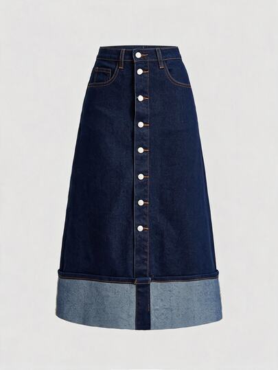 SHEIN MOD Women Fall Winter Casual Vintage Blue Colorblock Patchwork Denim Midi Skirt High Waist Button Up A-Line Jean Skirt