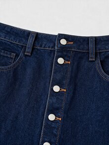SHEIN MOD 女款秋季休閒 70年代 2000年代復古海軍藍拼色拼接牛仔中長裙 高腰鈕扣 A字牛仔裙 日常穿搭 - 藍色 - 查看 3