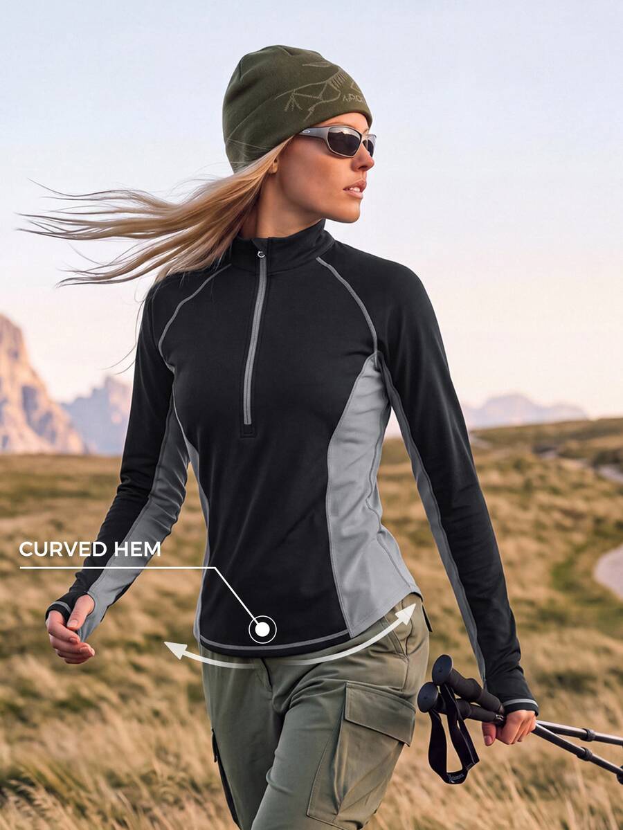 In My Nature Women's Colorblock Half-Zip Raglan Long Sleeve Outdoor Hiking Athletic Top Gym Workout Fall Winter - Black - View 1