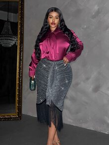 Veslaya Dark Green,Autumn,Girlism,Rave Ladies Plus Size A-Line Skirt,Metallic Shiny Fabric Front Waist Ruched Ruffle Hem Splice Fringes Elegant Party Wear - Black - View 6