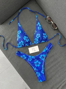 SHEIN Swim Women's Summer Beach Flower Printed Halter Tie Sexy Bikini Set - Multicolor - View 5