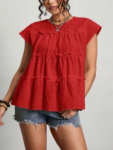 Freevana Plus Size Women's Solid Color Round Neck Multi-Layer Frill Trim Loose Blouse Vacation Red Summer Boho - Red - View 6
