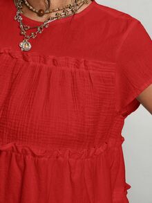 Freevana Plus Size Women's Solid Color Round Neck Multi-Layer Frill Trim Loose Blouse Vacation Red Summer Boho - Red - View 3