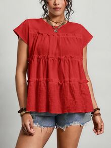 Freevana Plus Size Women's Solid Color Round Neck Multi-Layer Frill Trim Loose Blouse Vacation Red Summer Boho - Red - View 4