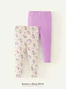 Cozy Pixies 2pcs Baby Girls Graphic Floral Print Solid Color Leggings Set Cartoon - Dusty Purple - View 1