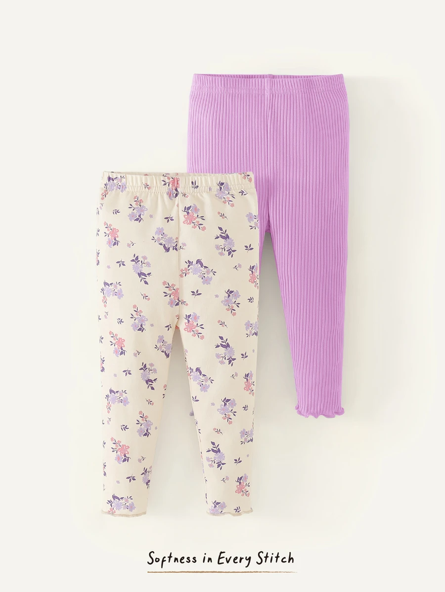 Cozy Pixies 2pcs Baby Girls Graphic Floral Print Solid Color Leggings Set Cartoon - Dusty Purple - View 1
