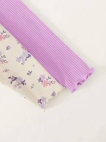 Cozy Pixies 2pcs Baby Girls Graphic Floral Print Solid Color Leggings Set Cartoon - Dusty Purple - View 5