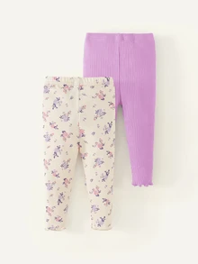 Cozy Pixies 2pcs Baby Girls Graphic Floral Print Solid Color Leggings Set Cartoon - Dusty Purple - View 2