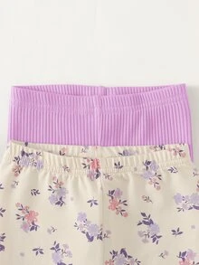 Cozy Pixies 2pcs Baby Girls Graphic Floral Print Solid Color Leggings Set Cartoon - Dusty Purple - View 4