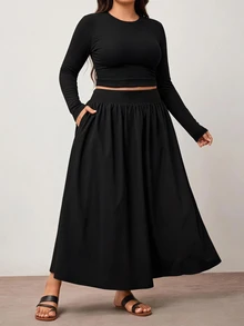 SHEIN CURVE+ Plus Size Casual Versatile Black Loose A-Line Skirt/Autumn /Winter - Black - View 5