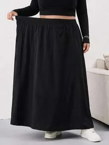 SHEIN CURVE+ Plus Size Casual Versatile Black Loose A-Line Skirt/Autumn /Winter - Black - View 7