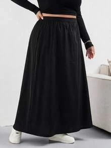 SHEIN CURVE+ Plus Size Casual Versatile Black Loose A-Line Skirt/Autumn /Winter - Black - View 6