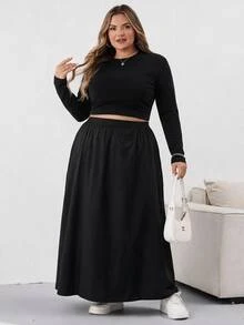 SHEIN CURVE+ Plus Size Casual Versatile Black Loose A-Line Skirt/Autumn /Winter - Black - View 8