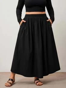 SHEIN CURVE+ Plus Size Casual Versatile Black Loose A-Line Skirt/Autumn /Winter - Black - View 4