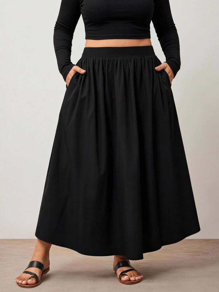 SHEIN CURVE+ 大尺碼休閒百搭黑色寬鬆A字裙/秋冬 - 黑色 - 查看 4